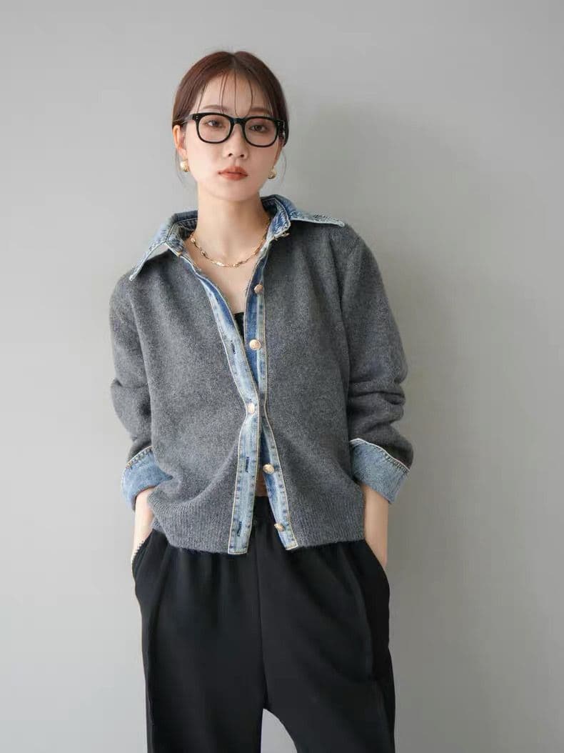 モード系ファッション【デニムレイヤード風】フェイクシャツ切替ニットトップス／モードカジュアルに映える異素材ミックス