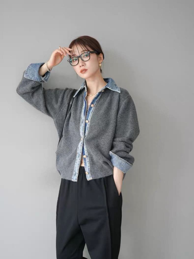 モード系ファッション【デニムレイヤード風】フェイクシャツ切替ニットトップス／モードカジュアルに映える異素材ミックス