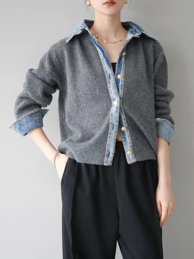 モード系ファッション【デニムレイヤード風】フェイクシャツ切替ニットトップス／モードカジュアルに映える異素材ミックス
