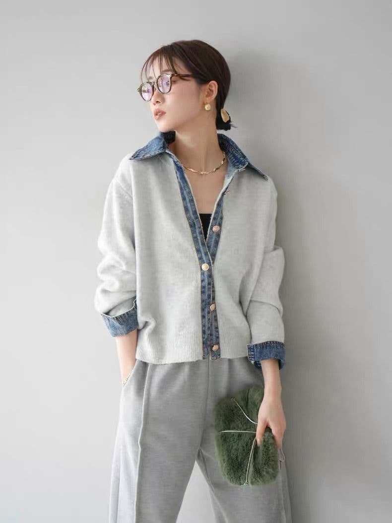 モード系ファッション【デニムレイヤード風】フェイクシャツ切替ニットトップス／モードカジュアルに映える異素材ミックス