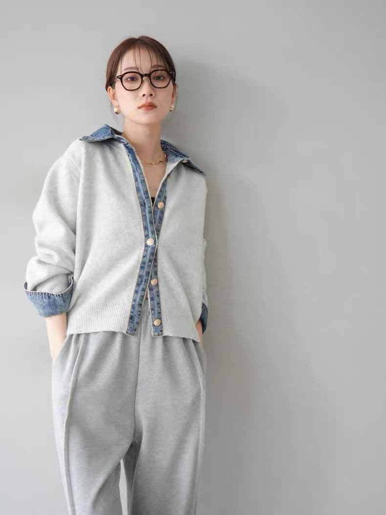 モード系ファッション【デニムレイヤード風】フェイクシャツ切替ニットトップス／モードカジュアルに映える異素材ミックス