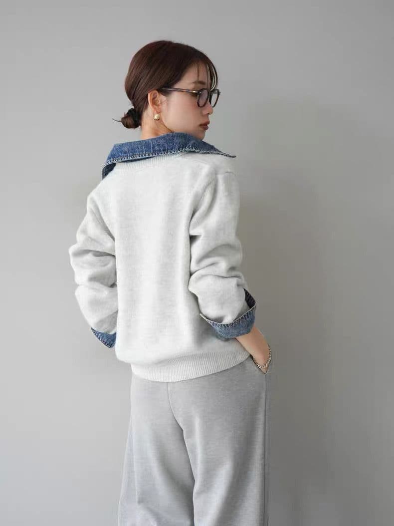 モード系ファッション【デニムレイヤード風】フェイクシャツ切替ニットトップス／モードカジュアルに映える異素材ミックス