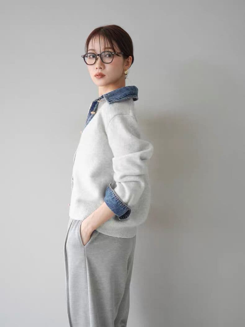 モード系ファッション【デニムレイヤード風】フェイクシャツ切替ニットトップス／モードカジュアルに映える異素材ミックス