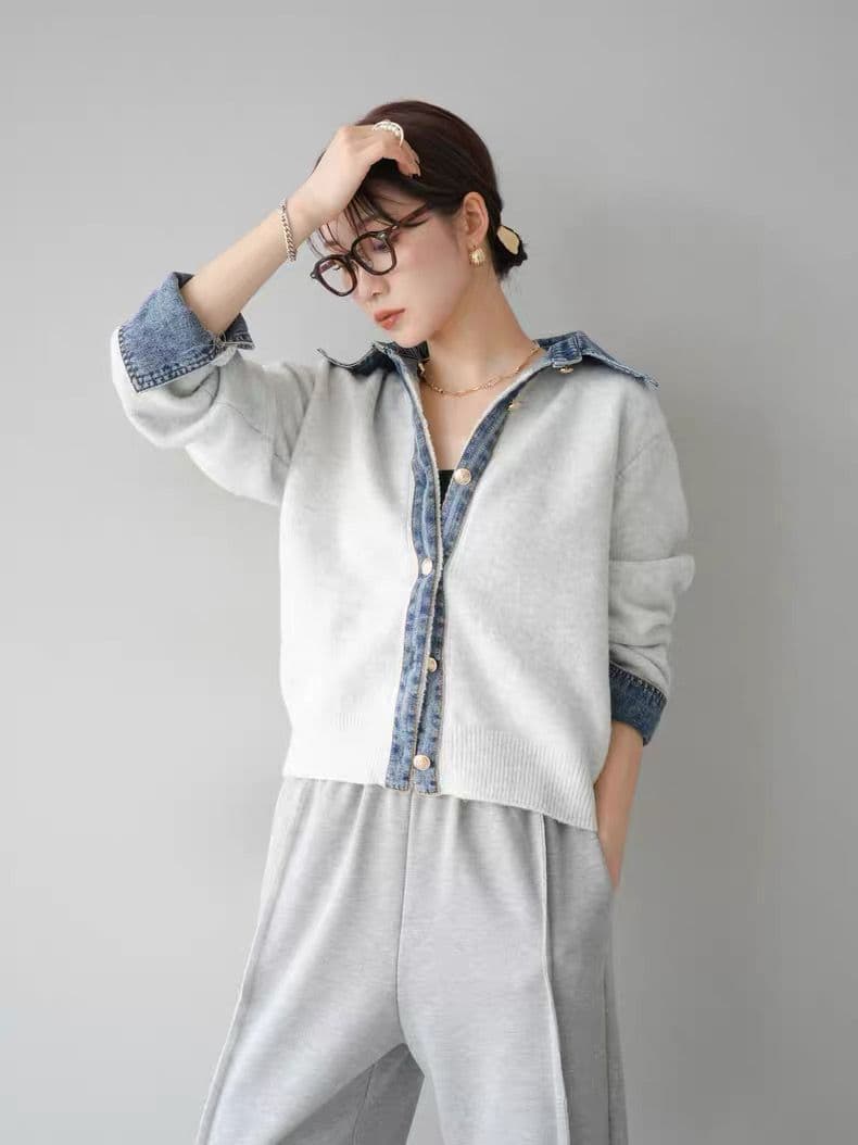 モード系ファッション【デニムレイヤード風】フェイクシャツ切替ニットトップス／モードカジュアルに映える異素材ミックス