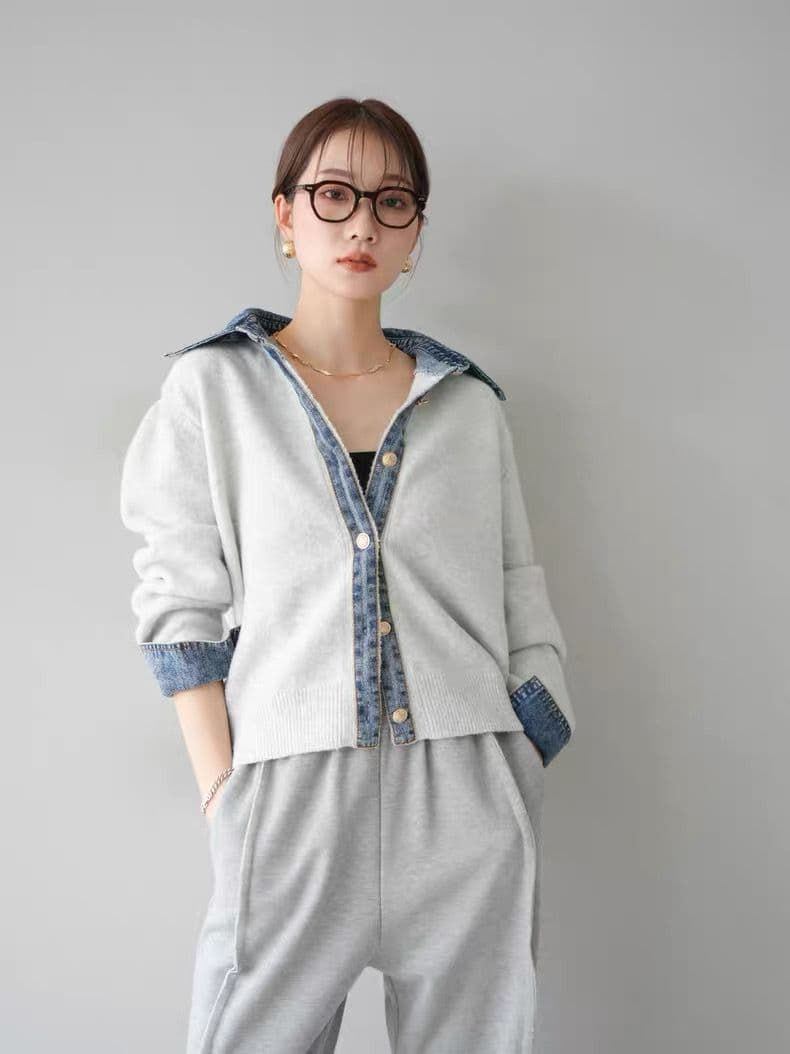 モード系ファッション【デニムレイヤード風】フェイクシャツ切替ニットトップス／モードカジュアルに映える異素材ミックス