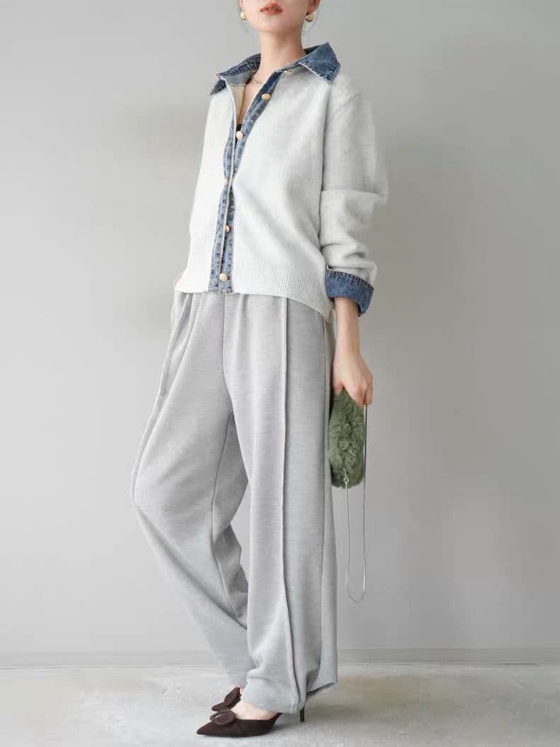 モード系ファッション【デニムレイヤード風】フェイクシャツ切替ニットトップス／モードカジュアルに映える異素材ミックス