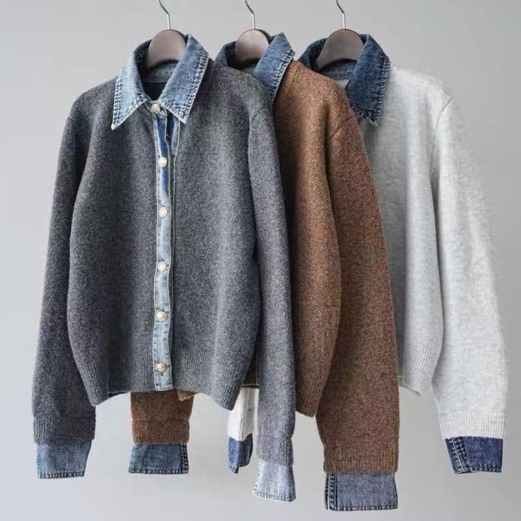 モード系ファッション【デニムレイヤード風】フェイクシャツ切替ニットトップス／モードカジュアルに映える異素材ミックス