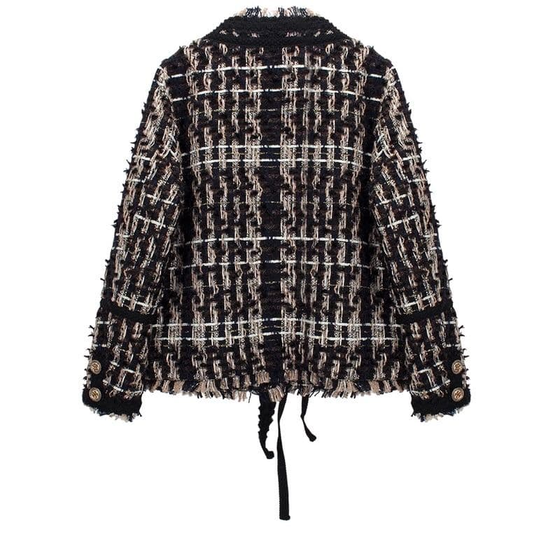 モード系ファッション【S〜L対応】金ボタンツイードショートジャケット／ダウン風中綿入りショート丈アウター