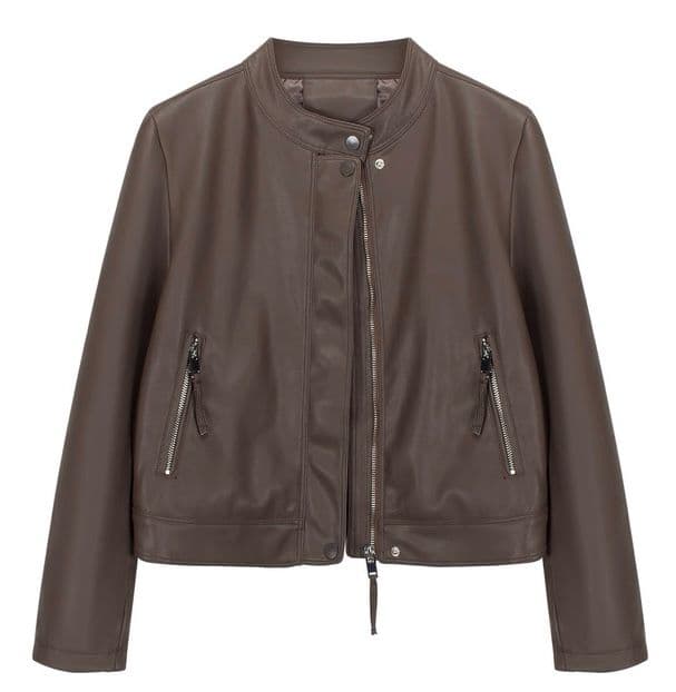 モード系ファッション【S〜XL対応】春秋スタンドカラーPUレザージャケット｜艶とハリで仕立てるミニマルモードアウター