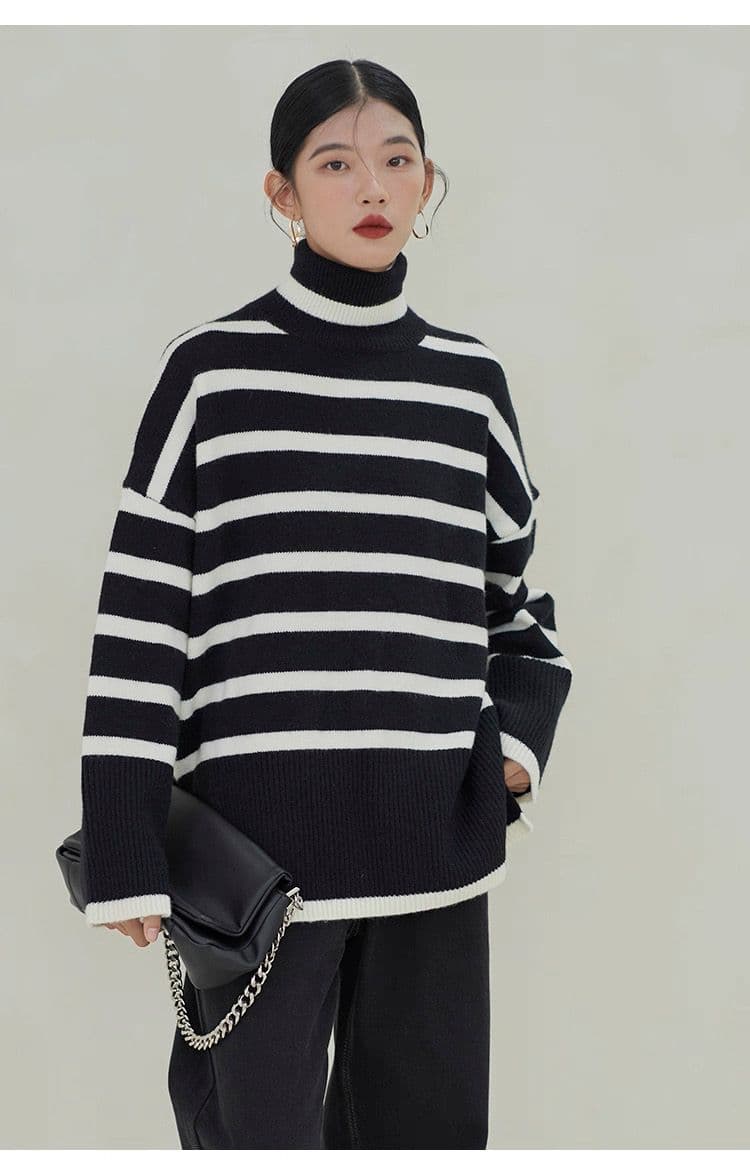 モード系ファッション【ハイネック×ワイドシルエット】モード配色ボーダーニットトップス（M）