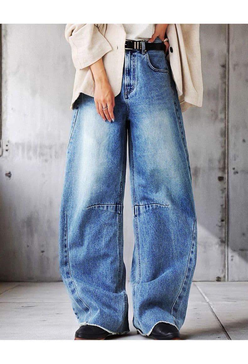 モード系ファッション【M〜XL対応】立体ワイドシルエット・ヴィンテージウォッシュデニムパンツ