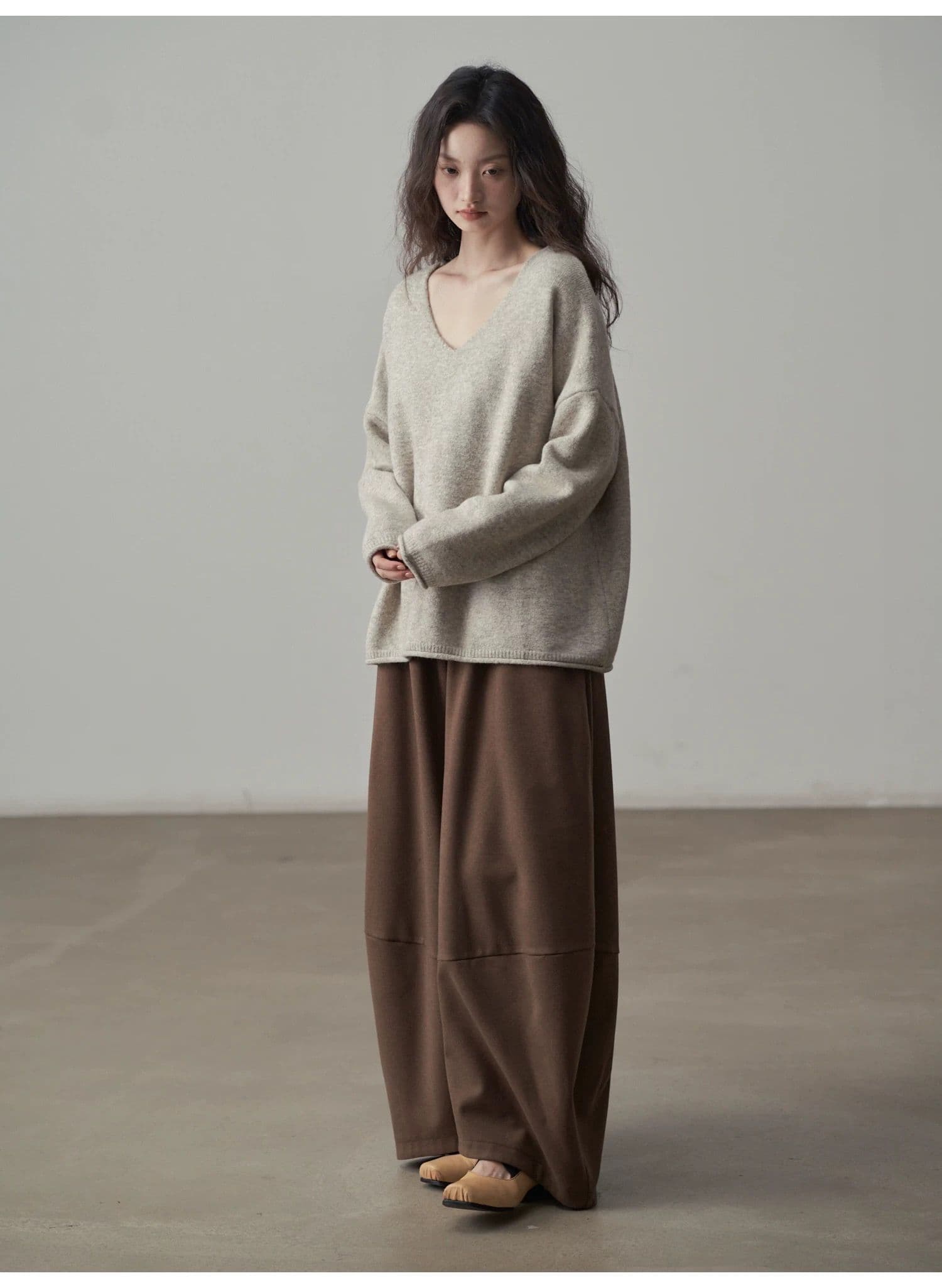 モード系ファッション【フリーサイズ】ふんわり丸みシルエットワイドパンツ／カフェブラウン