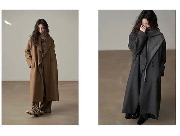 モード系ファッション 【2色展開】立体ラペルのロングウールライクコート｜深灰／キャメル