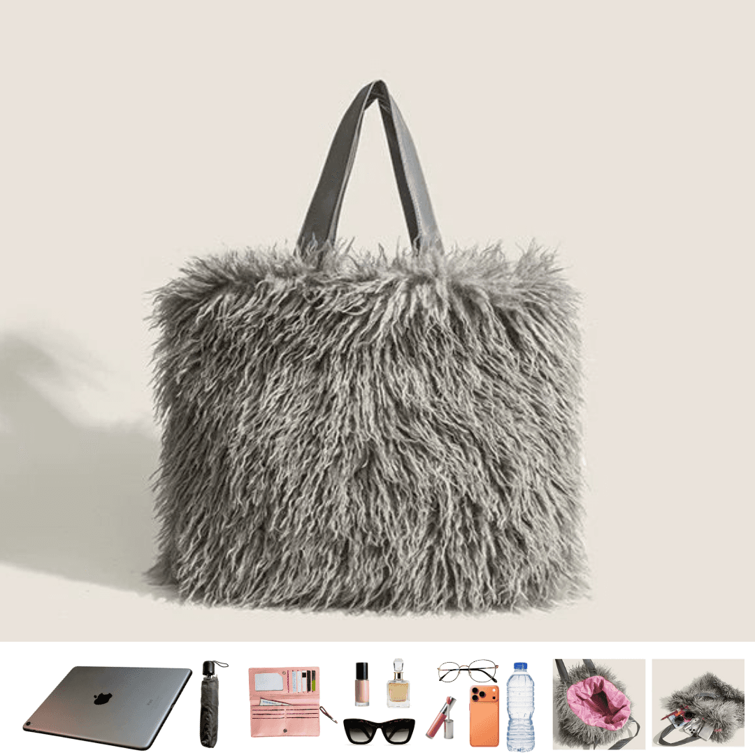 モード系ファッション【大容量×ふわモード】フェイクファーショルダーバッグ（グレー）