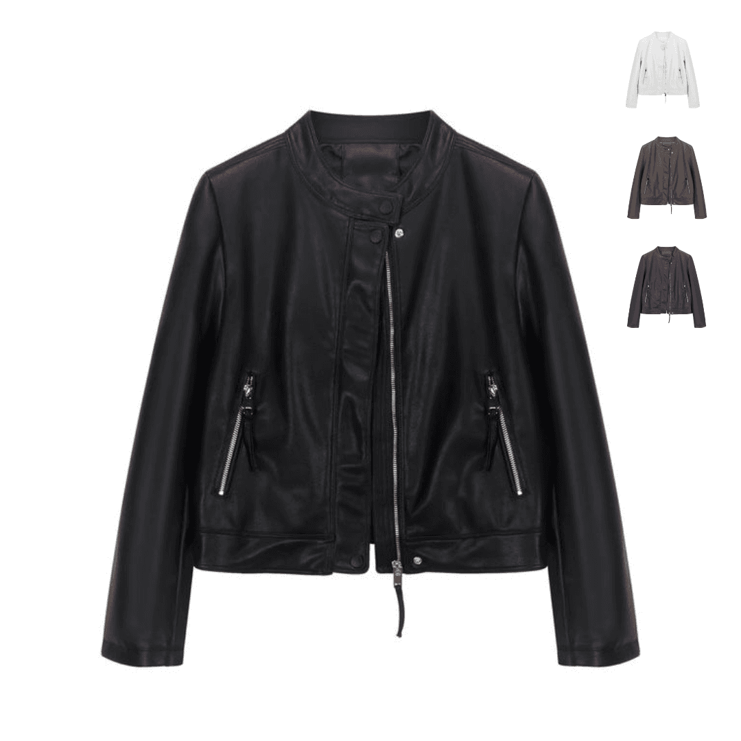 モード系ファッション【S〜XL対応】春秋スタンドカラーPUレザージャケット｜艶とハリで仕立てるミニマルモードアウター