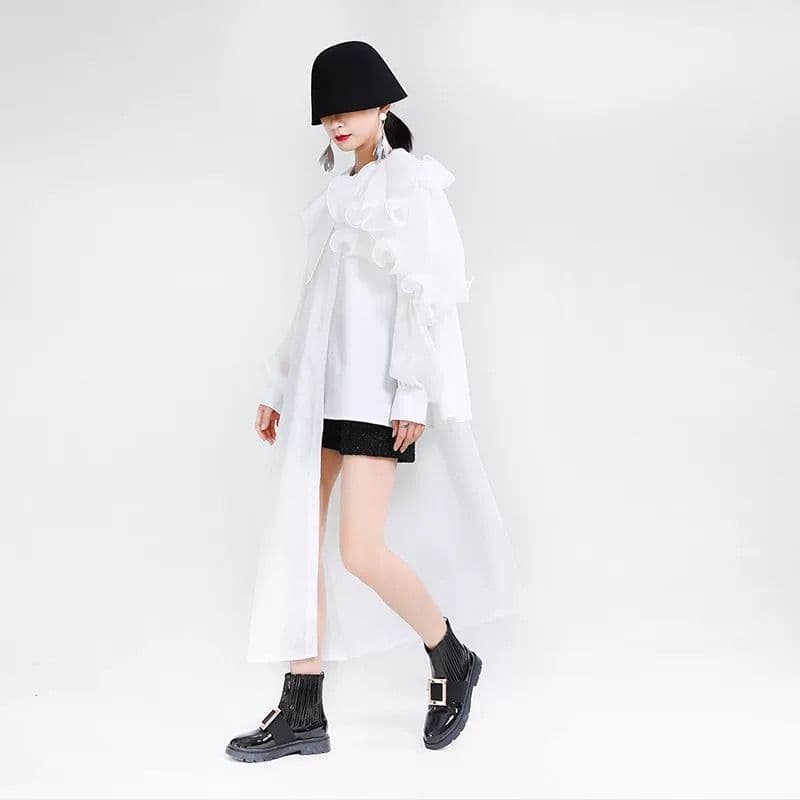 モード系ファッション フリルショルダーアシンメトリードレスシャツ