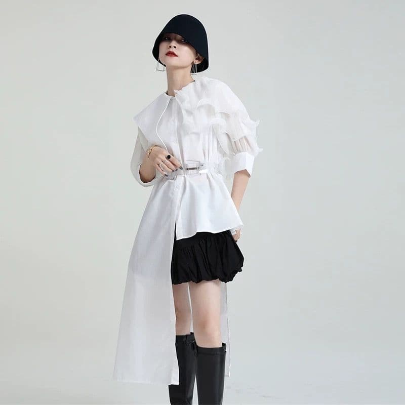 モード系ファッション フリルショルダーアシンメトリードレスシャツ