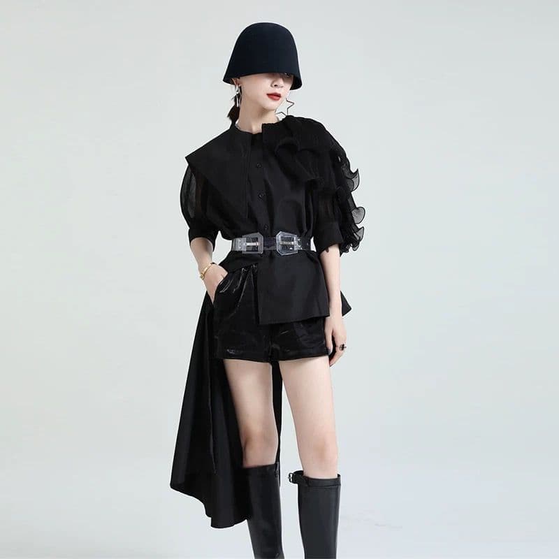 モード系ファッション フリルショルダーアシンメトリードレスシャツ