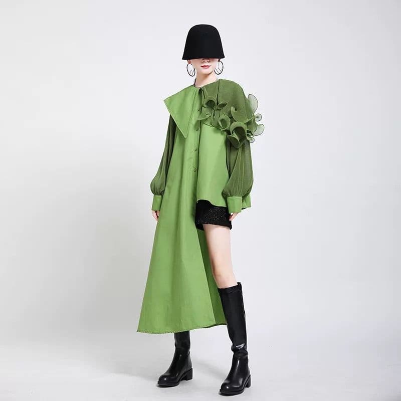 モード系ファッション フリルショルダーアシンメトリードレスシャツ
