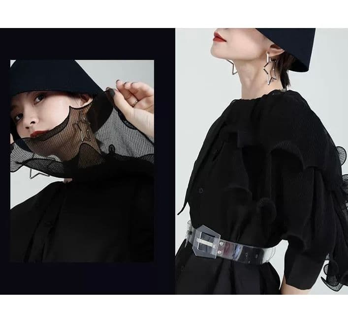 モード系ファッション フリルショルダーアシンメトリードレスシャツ