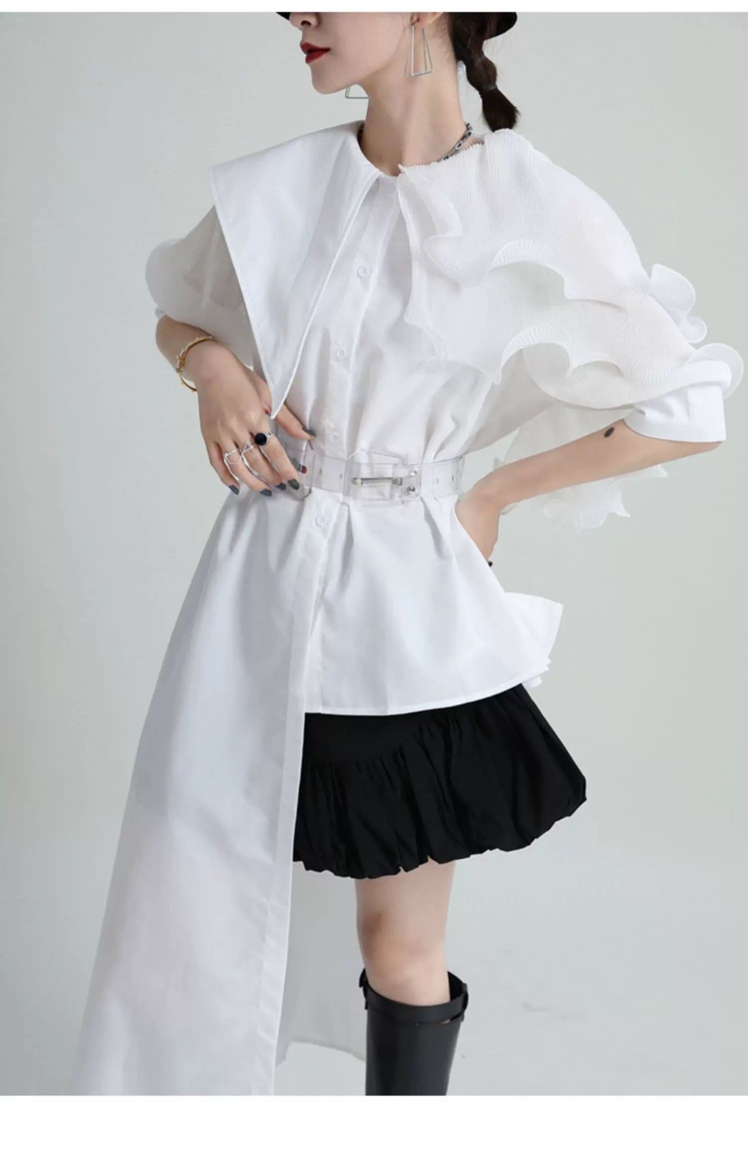 モード系ファッション フリルショルダーアシンメトリードレスシャツ