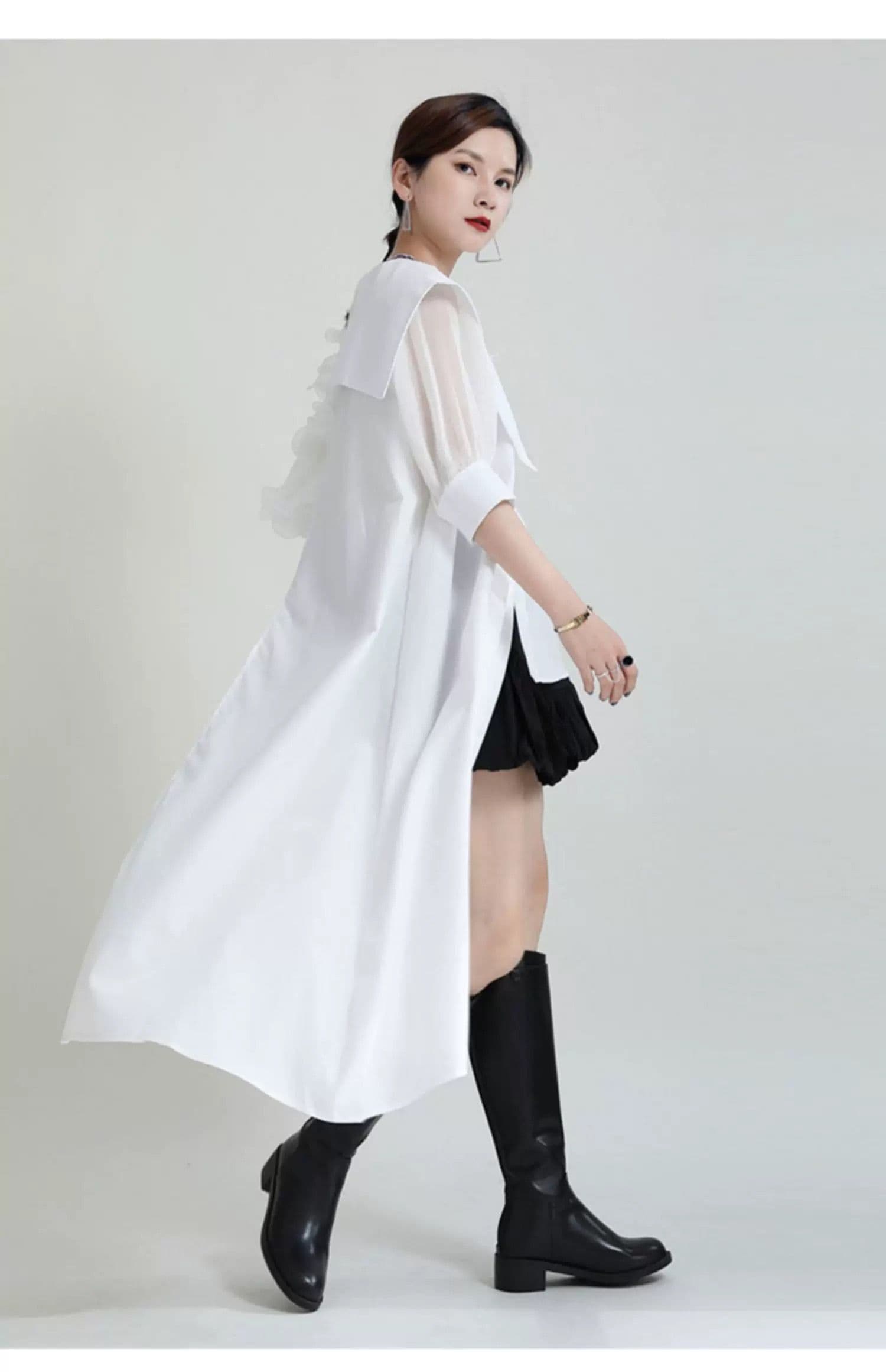 モード系ファッション フリルショルダーアシンメトリードレスシャツ