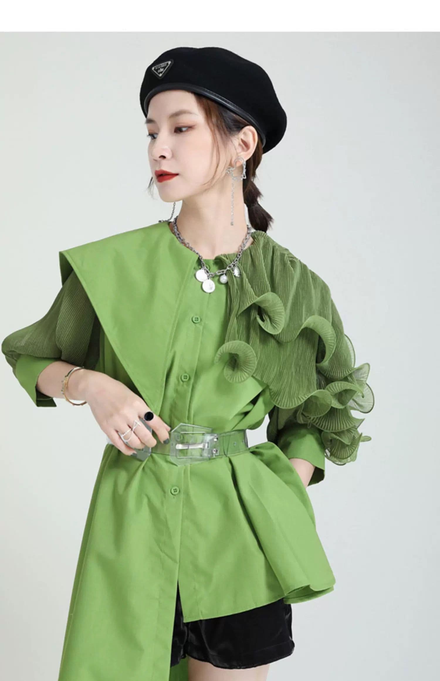 モード系ファッション フリルショルダーアシンメトリードレスシャツ