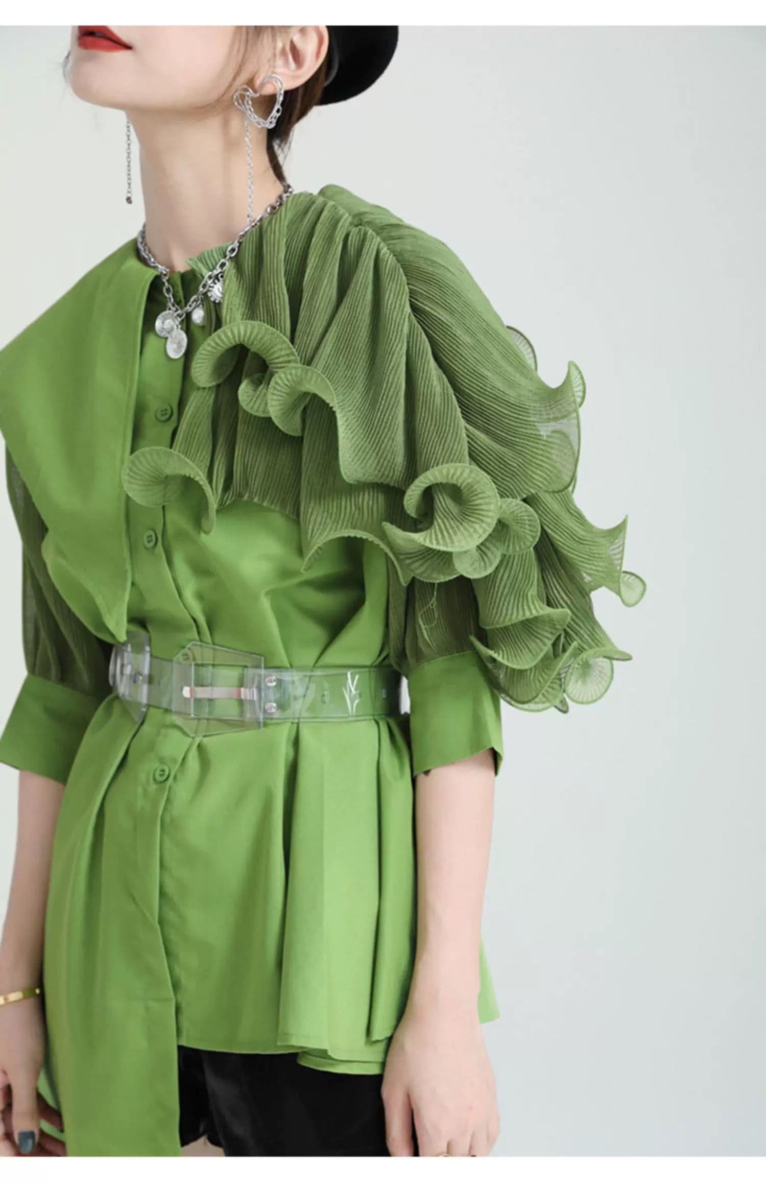 モード系ファッション フリルショルダーアシンメトリードレスシャツ