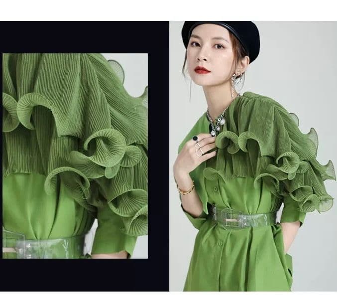 モード系ファッション フリルショルダーアシンメトリードレスシャツ