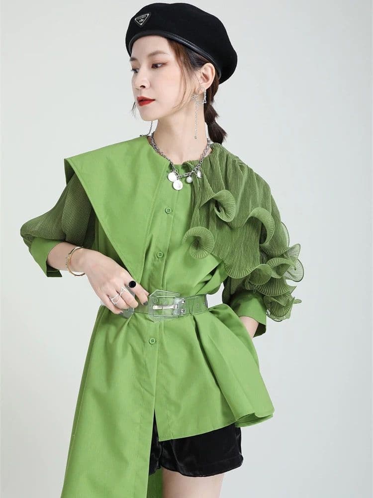 モード系ファッション フリルショルダーアシンメトリードレスシャツ