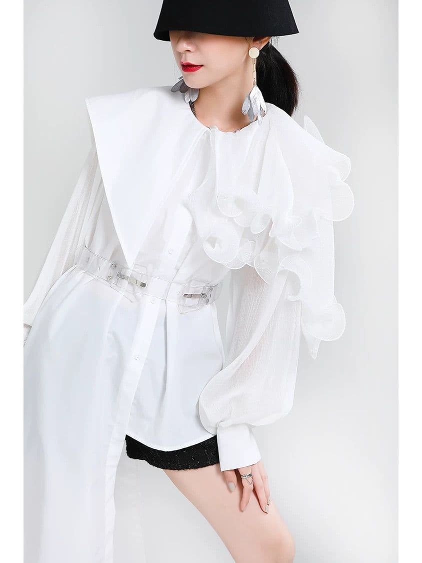 モード系ファッション フリルショルダーアシンメトリードレスシャツ