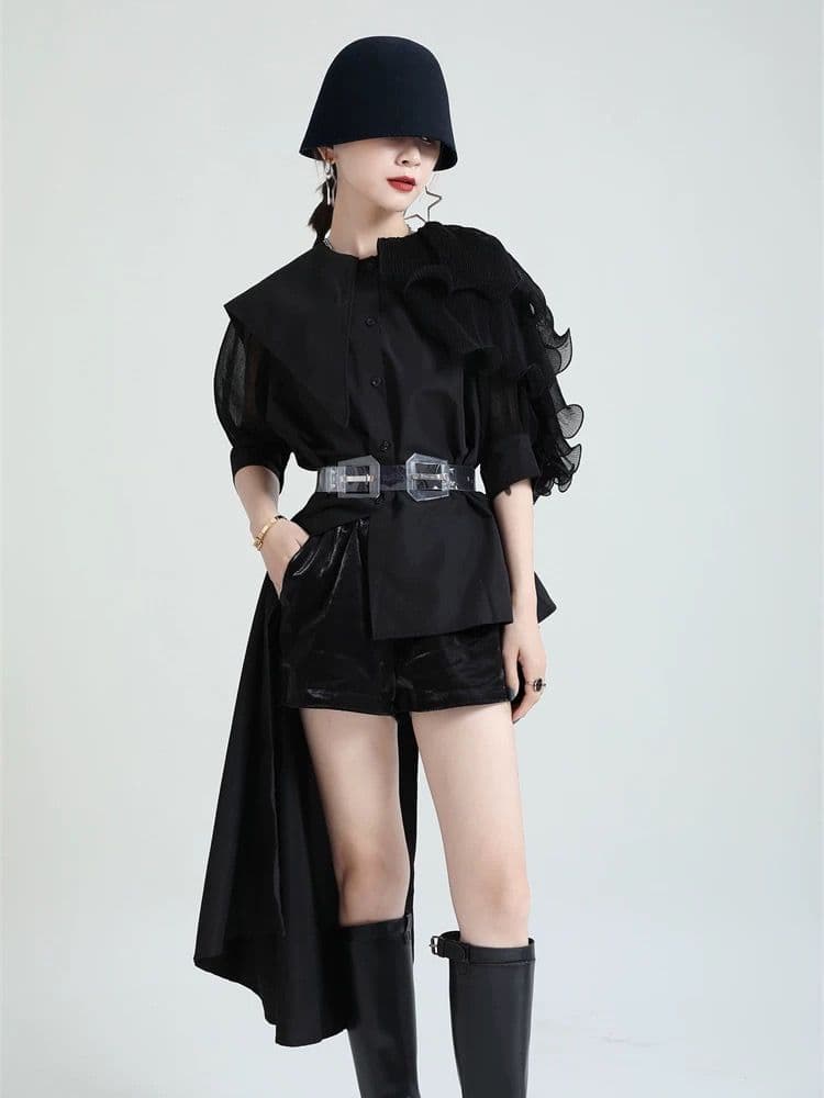 モード系ファッション フリルショルダーアシンメトリードレスシャツ