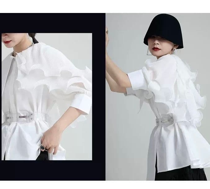 モード系ファッション フリルショルダーアシンメトリードレスシャツ