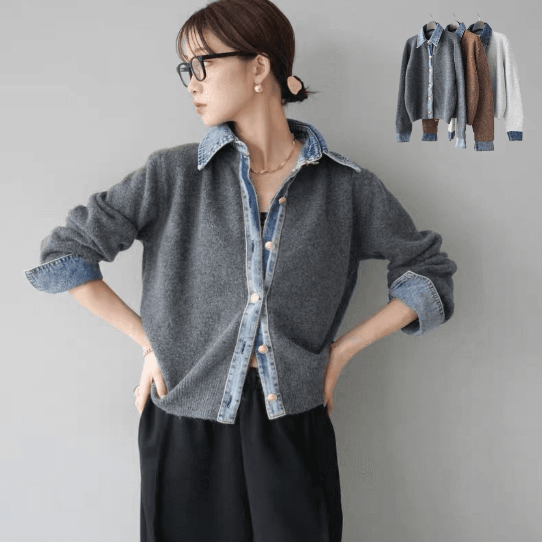 モード系ファッション【デニムレイヤード風】フェイクシャツ切替ニットトップス／モードカジュアルに映える異素材ミックス