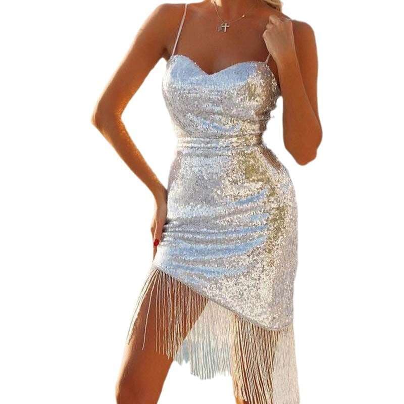モード系ファッション スパンコール輝くフリンジ付きボディコンドレス