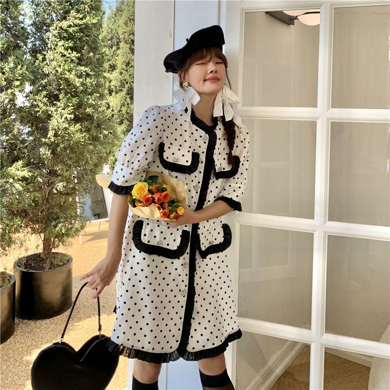 モード系ファッション レトロポルカドット柄ツーピースセット