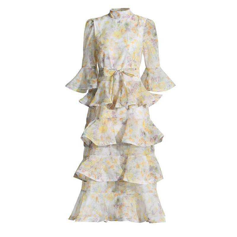 モード系ファッション エアリーフラワーティアードドレス