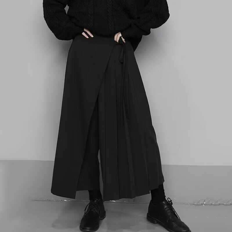 モード系ファッション プリーツ切り替えラップスカート風ワイドパンツ