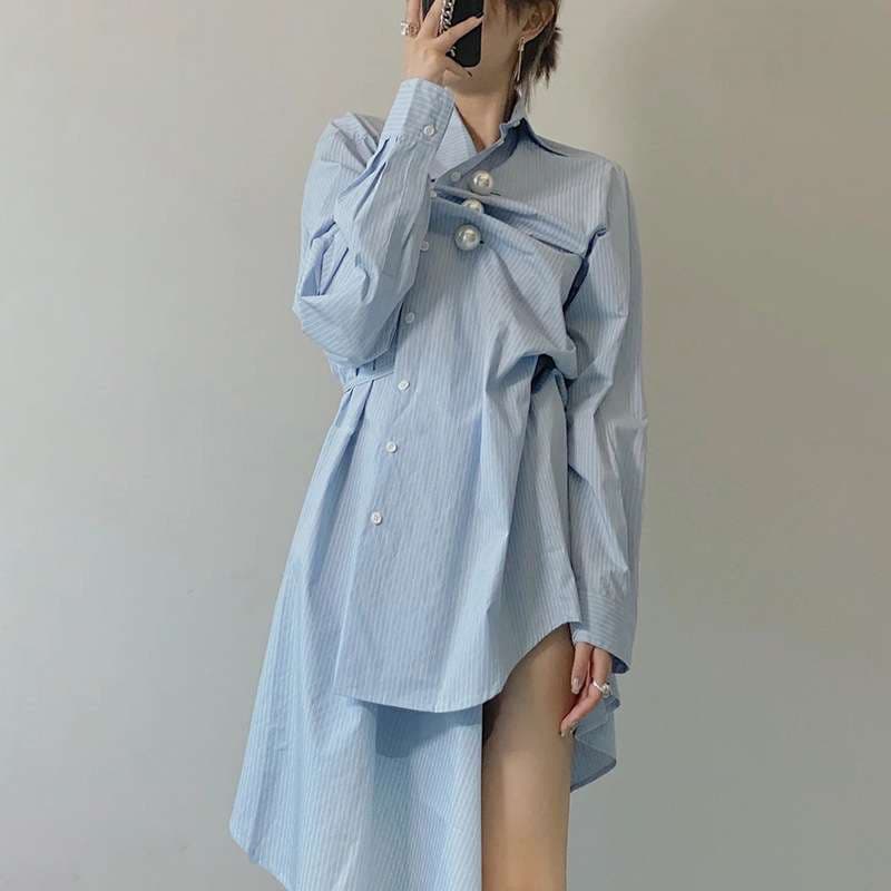 モード系ファッション アシンメトリーデザイン ストライプシャツドレス