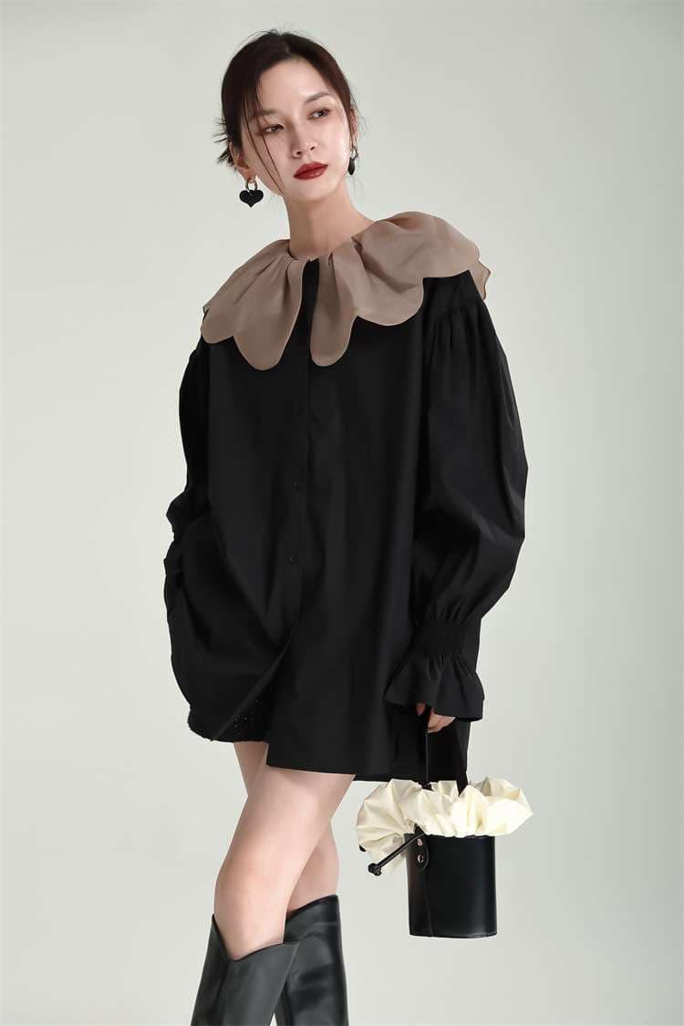 モード系ファッション 【1枚で旬顔】ビッグカラー×バルーンスリーブミニシャツワンピース（ブラック）