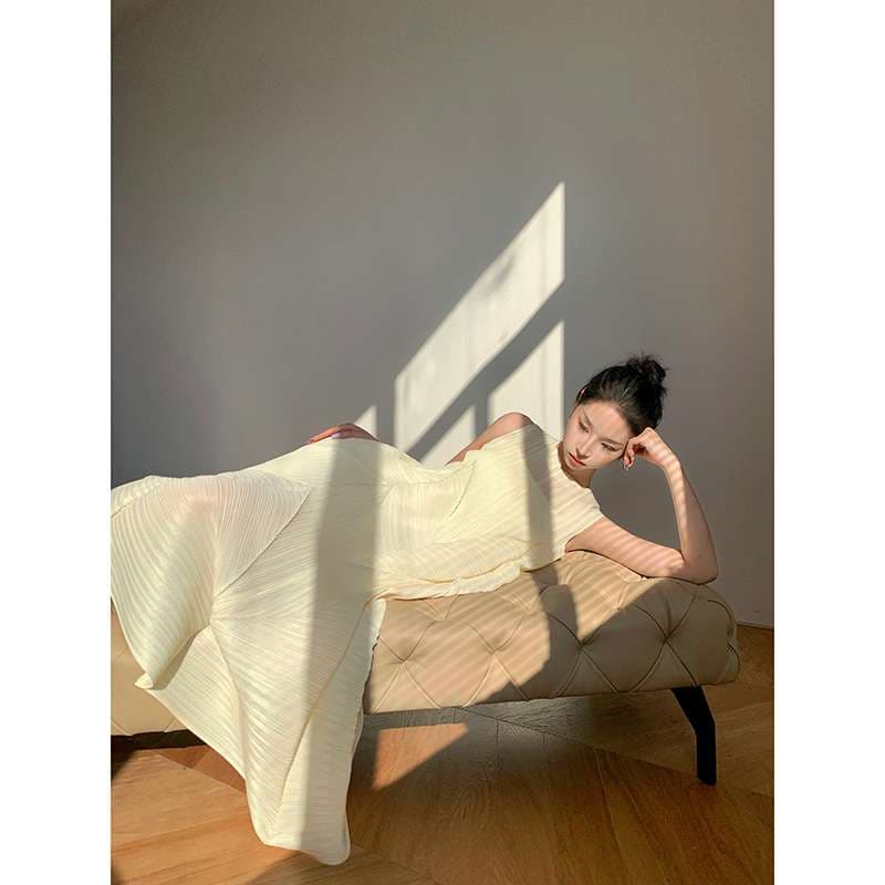 モード系ファッション エレガントミントグリーンプリーツドレス