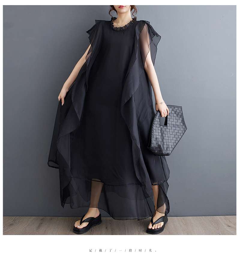 モード系ファッション 【フリーサイズ／ゆったり設計】アシンメトリーレイヤード×シアーワンピース（ブラック）