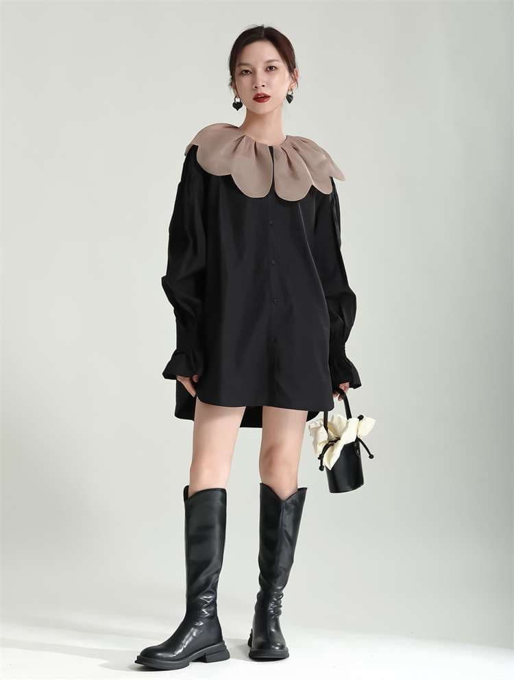 モード系ファッション 【1枚で旬顔】ビッグカラー×バルーンスリーブミニシャツワンピース（ブラック）