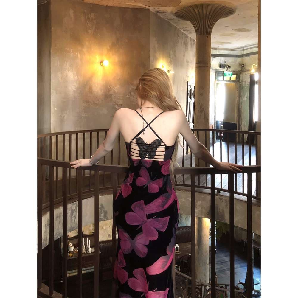 モード系ファッション 蝶々モチーフのセクシーマキシワンピース