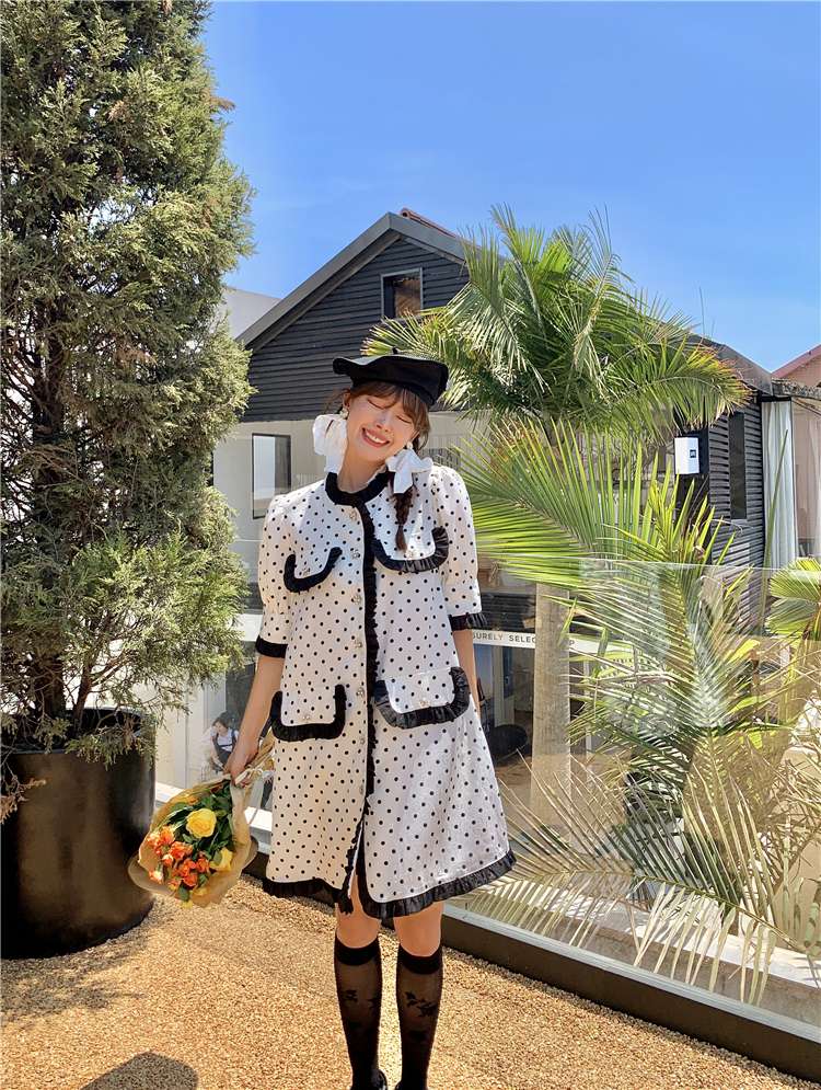 モード系ファッション レトロポルカドット柄ツーピースセット