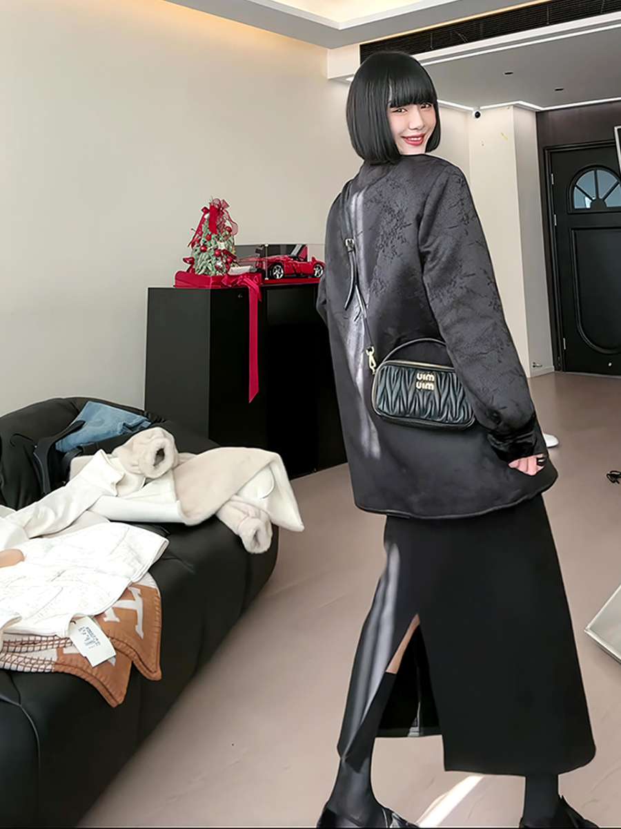 モード系ファッション チャイナ風デザイン光沢ロングコート