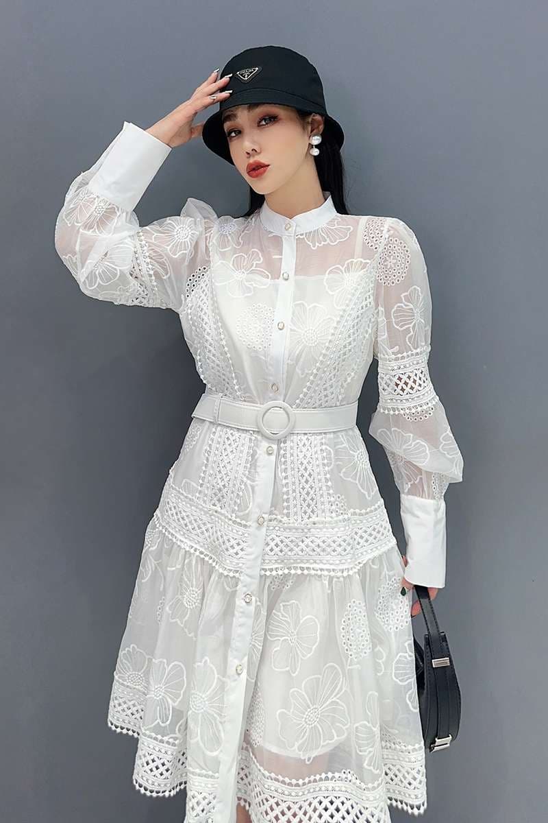 モード系ファッション エレガントレースシアードレス 白黒2色展開