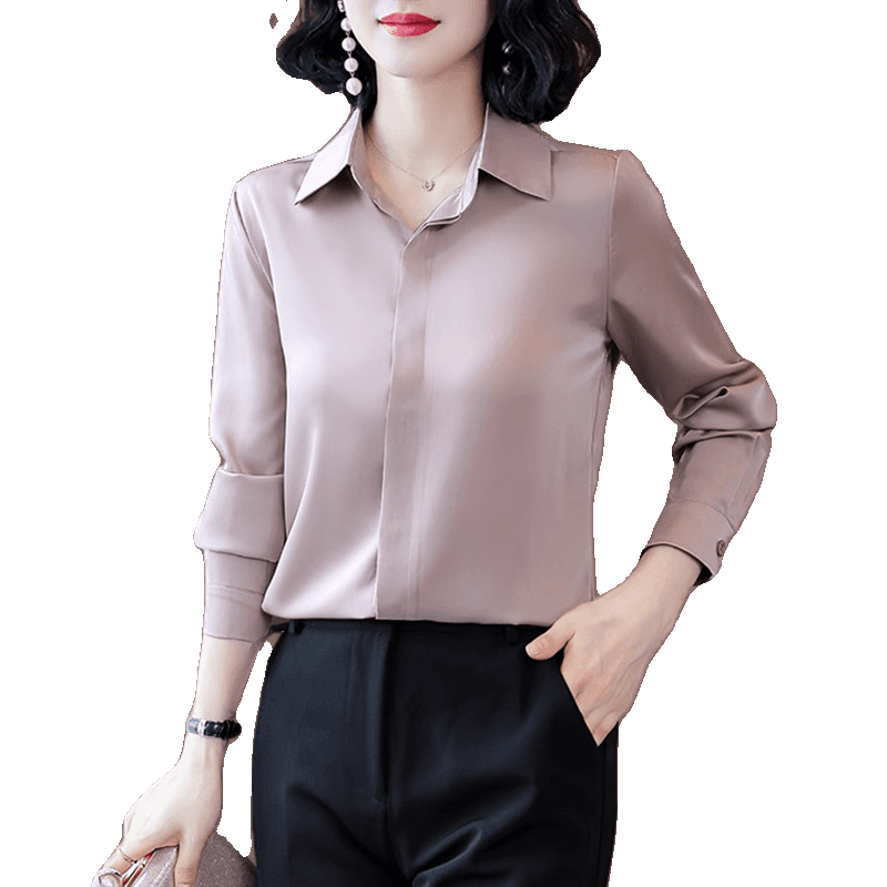 モード系ファッション 上品エレガントなシルク調長袖シャツ