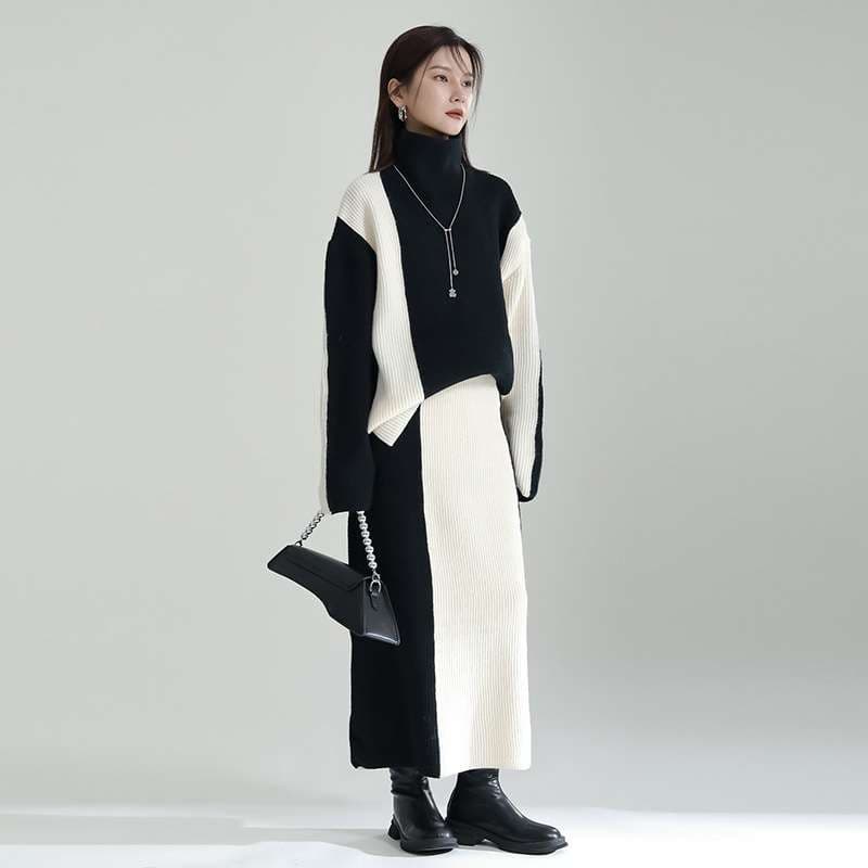 モード系ファッション 【ワンサイズ対応】バイカラー配色リブニットスカート（ブラック／ブルー）