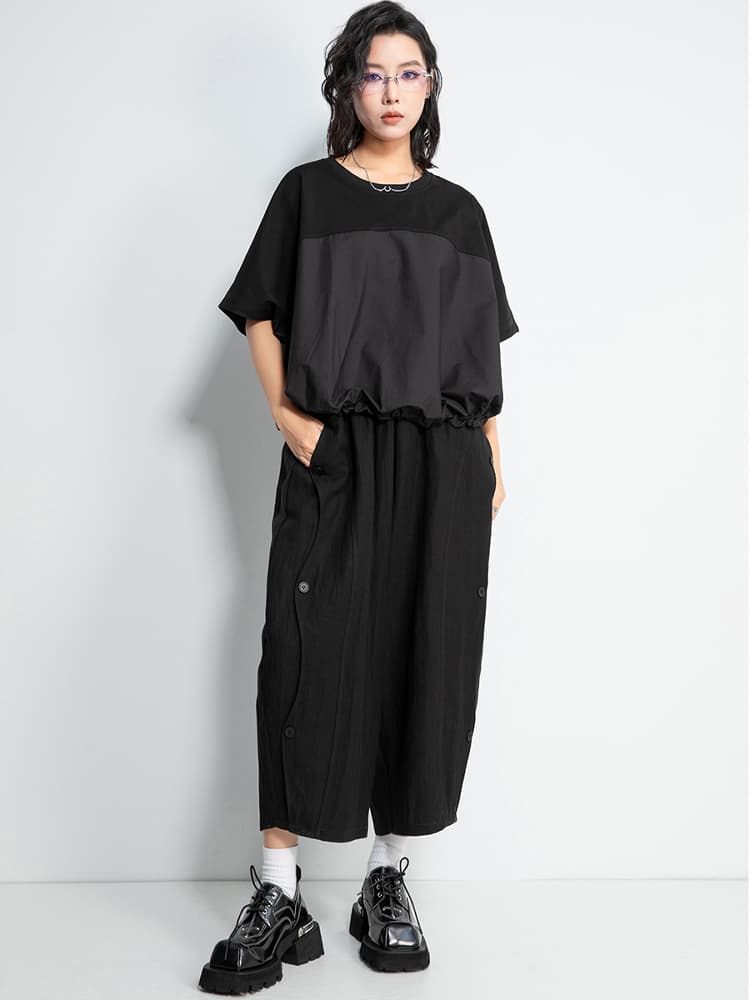 モード系 【立体感のあるモードスタイルを叶える、ドロスト裾×切り替えTシャツ】